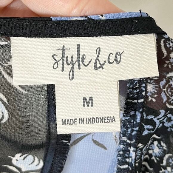 Style & Co Womens Peasant Top M Blue & Black Floral Mix Print Bell Sleeve Sheer - Picture 8 of 10